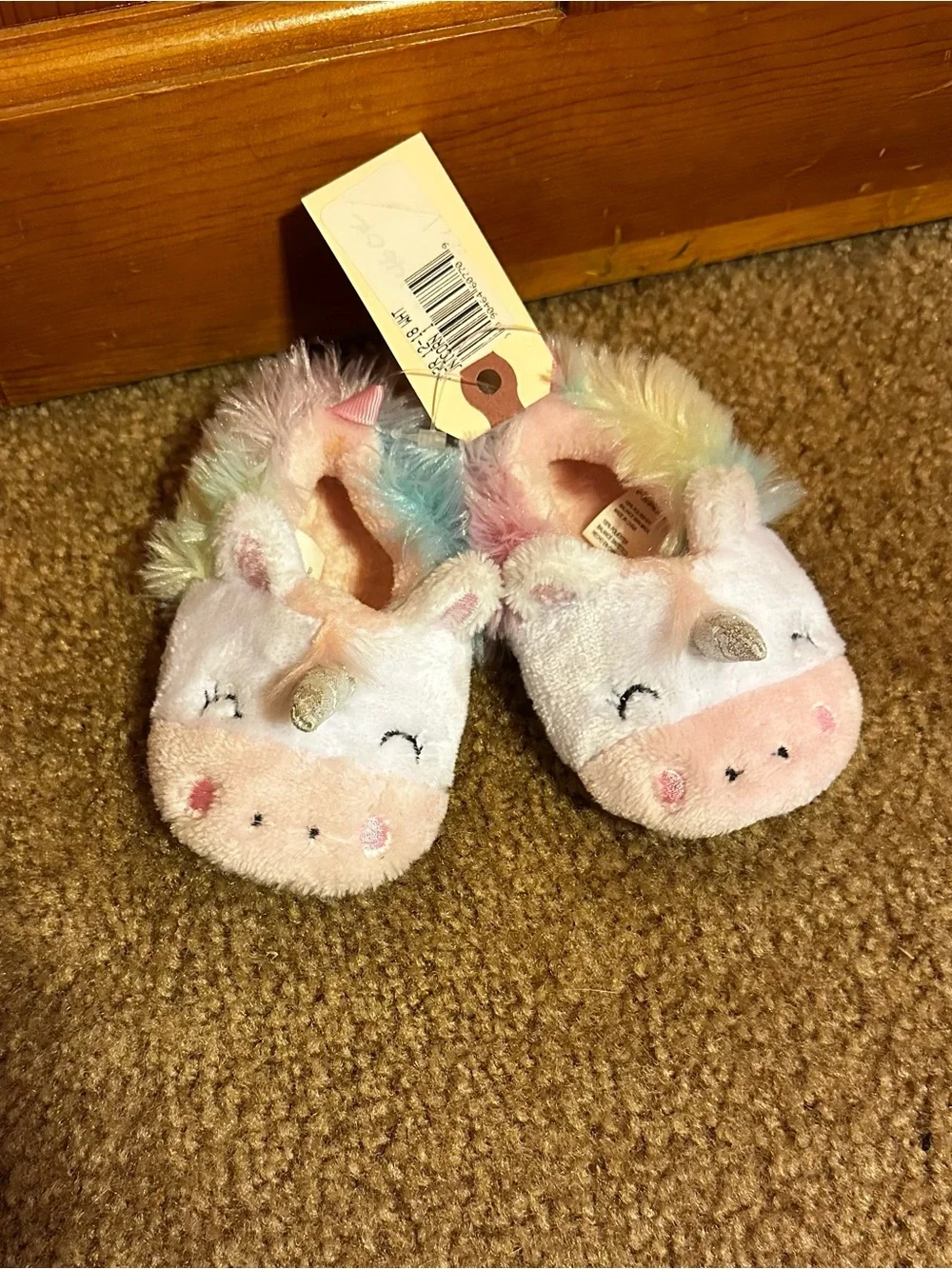 Unicorn Plush Slippers - Pastel Rainbow- 12-18 months